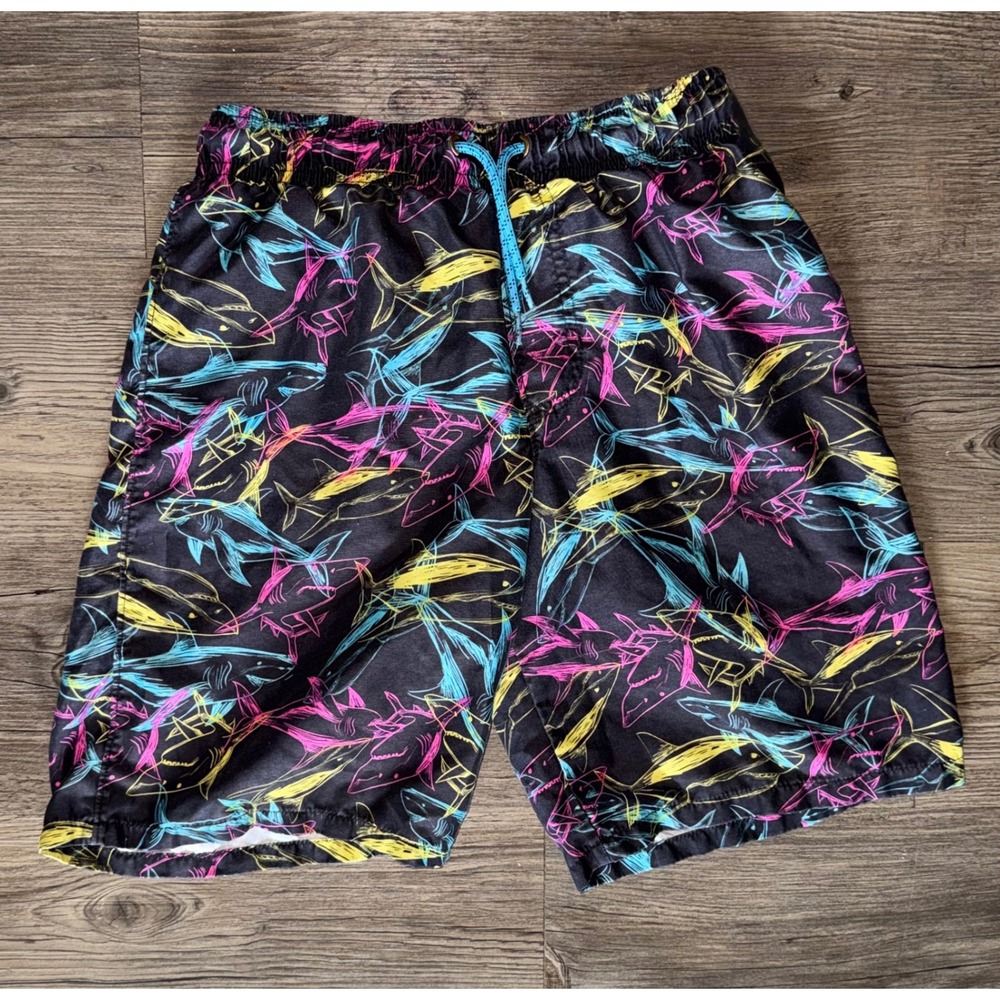 Boys Neon Shark Print Swim Trunks Black Pink Yellow Blue Size L 10-12